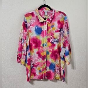 Multiples Blouse Womens XL Colorful Button Up 3/4 Sleeve Pocket Lightweight Top